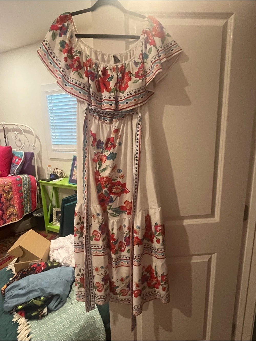 SHEIN White Off-Shoulder Floral Maxi Dress with Red & Blue Accents